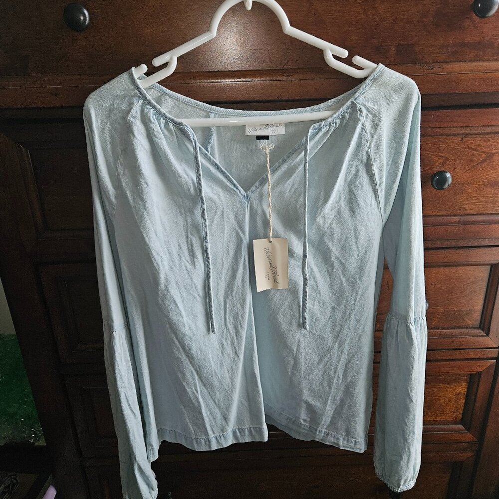 Blue Long Sleeve Tie Front Blouse